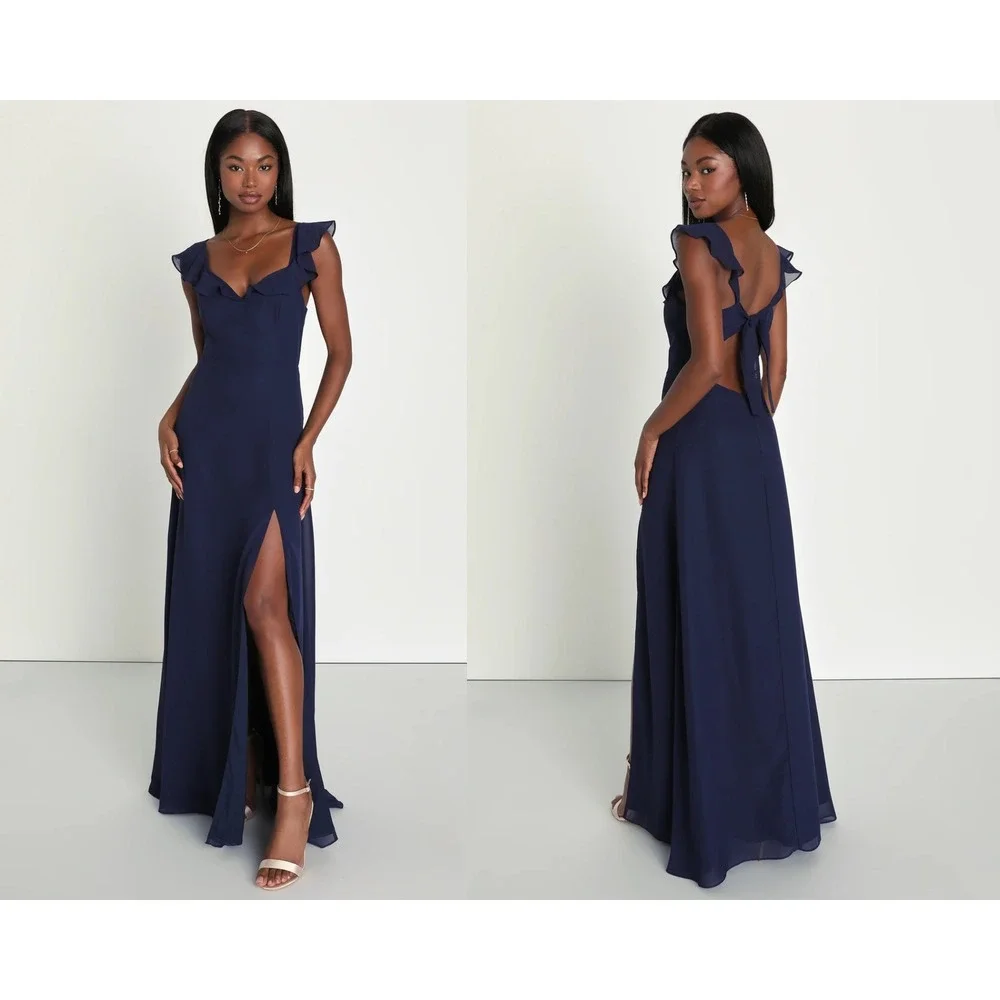 lulus plus size formal dresses | | Lulus Sweetest Entrance Navy Blue Ruffled Tieback Maxi Dress Large Stride through a day